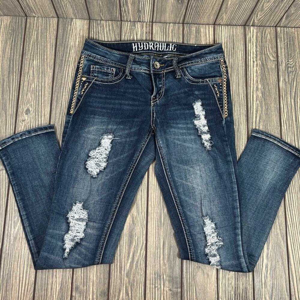 Hydraulic‎ Jeans Bailey Crop Skinny Sz 3/4 Distressed Studded Contrast Stitch - Picture 4 of 8